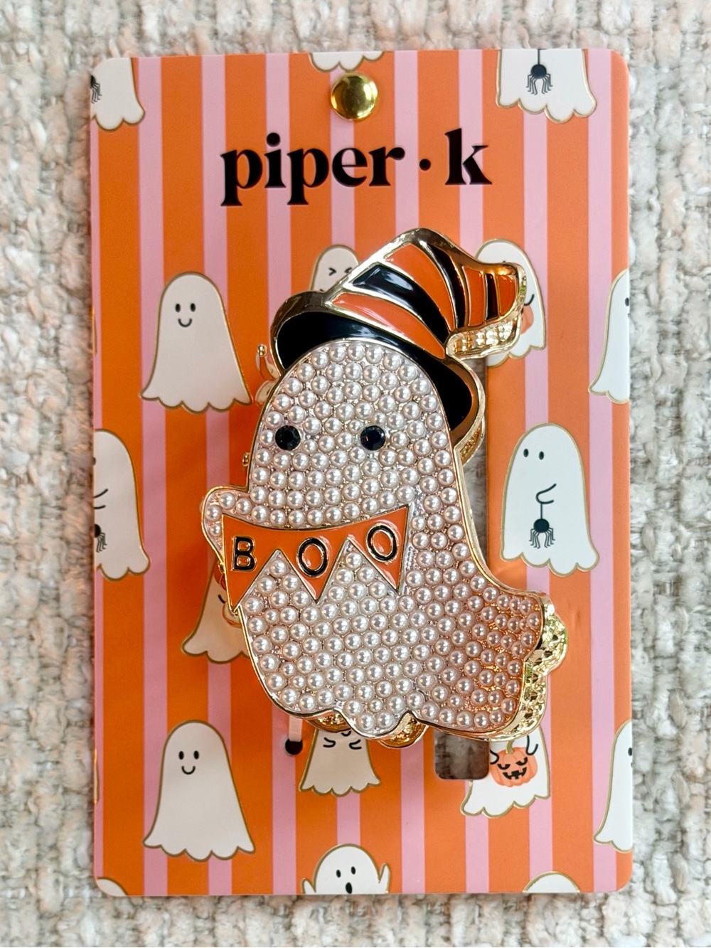 Piper K Ghost Hair Claw Clip Metal Faux Pearl Black Orange Enamel Halloween New